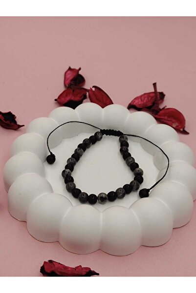 innohomee Doğal Oniks & Gri Akik Taşlı Unisex Bileklik Ayarlanabilir Örgü Tas...