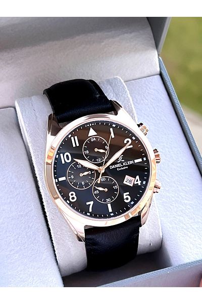 Daniel Klein Black Leather Cord Rose Case Interior Functions Active 30m Water Resistant Men Wrist Watch