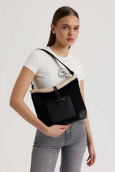 Shule Bags Geanta de umar Poloni din piele intoarsa neagra