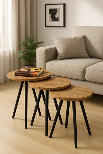 PEKA Zigon Sehpa Doğal Siyah Ahşap Ayaklı Çevir Kur Kaliteli 3 lü Set Yuvarla...