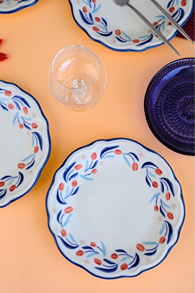 tabakevi Plate House Porcelain Tulip Fulya Pasta Set with Rim 21cm 4 Persons 4 Pieces Fly4Ptprs1157