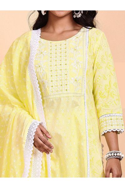 Ishin By Styli Embroidered Cotton A-Line Kurta and Pants with Dupatta Set