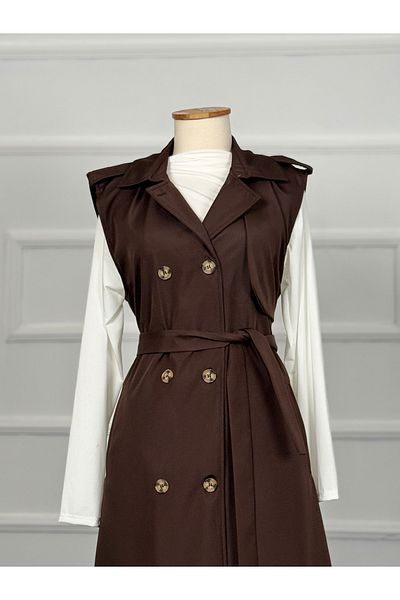RACE FASHİON Double Pocket and Waist Belted vest Trench Coat - RC3037