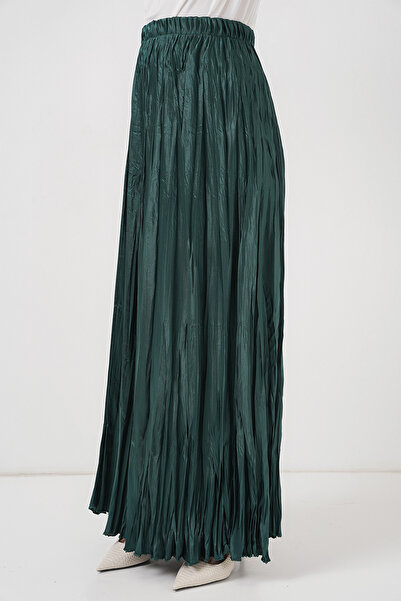 Bigdart Kadın Uzun Kırışık Parlak Etek 8034 - Zümrüt Yeşili