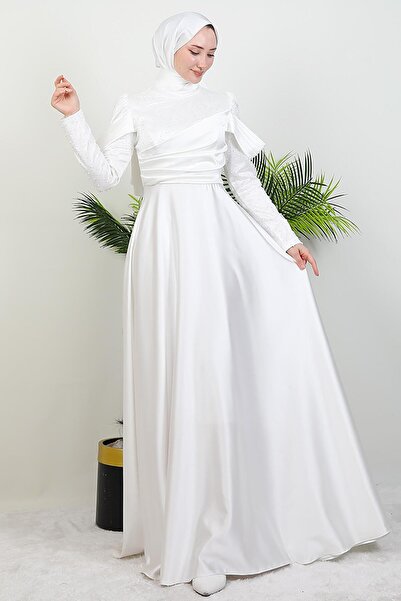 GİYZAMİLA Kolu Drapeli Pullu Abiye Beyaz