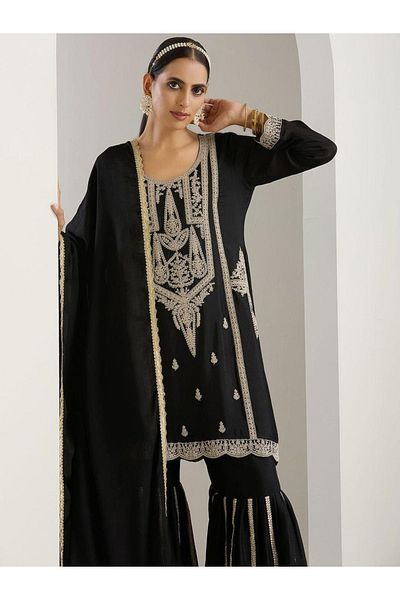 Ishin By Styli Embroidered Long Sleeve Kurta and Sharara with Dupatta Set