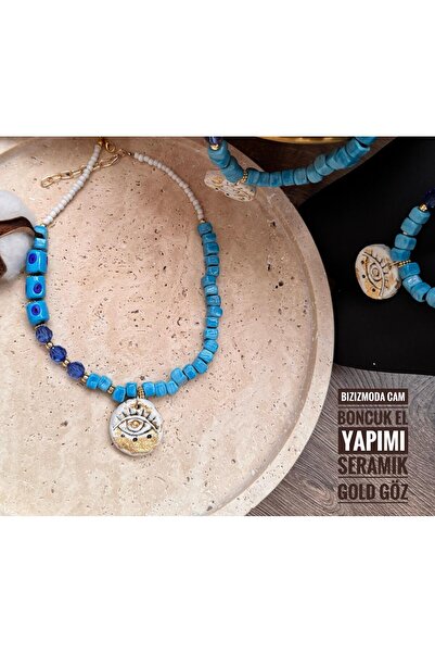bizizmoda Bodrum Cam Boncuk El Yapımı Seramik Gold Göz Kolye Nazar Boncuk Mavi Kolye