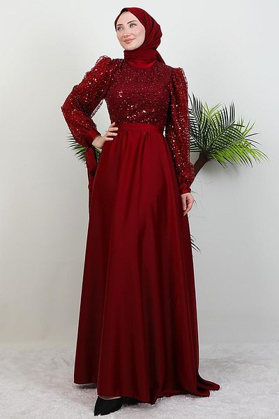 GİYZAMİLA Burgundy Evening Dress Satin Showing Details