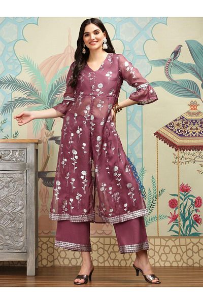 Ishin By Styli Printed V-Neck A-Line Kurta and Trousers Sets