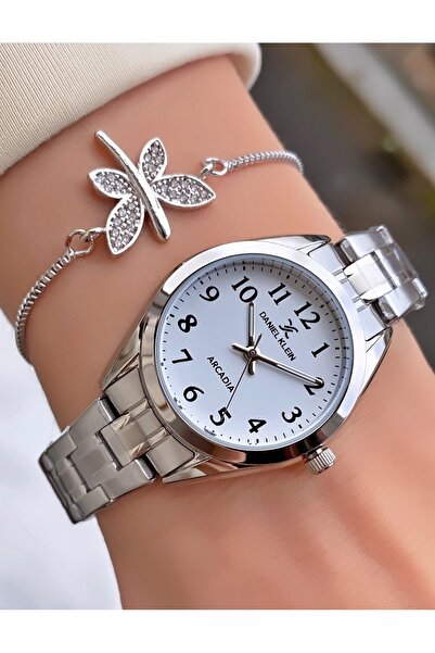 Daniel Klein Brand Silver Color Stoned Women's Wristwatch with Bracelet Gift