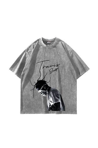 Sekizbiraltı Λευκό μπλουζάκι Travis Scott με στάμπα Oversize Unisex Washed