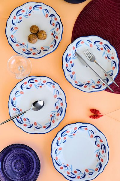 tabakevi Plate House Porcelain Tulip Fulya Pasta Set with Rim 21cm 4 Persons 4 Pieces Fly4Ptprs1157