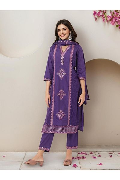 Ishin By Styli Embroidered V Neck Kurta and Pants with Dupatta Set