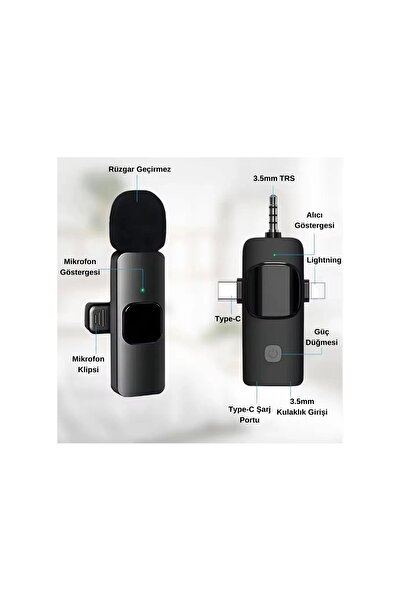 Platoon Mikrofon Yaka 2 Adet Kablosuz Type-c Lightning Aux 3 İn 1 PL-2452