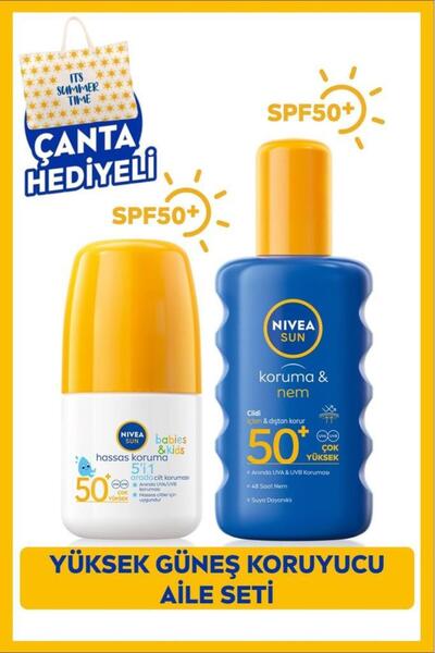 NIVEA SUN SPF50 Çocuklar Için Güneş Koruyucu Roll-on 50ml Ve Güneş Koruyucu Vücut Sprey 200ml,Çanta Hediye