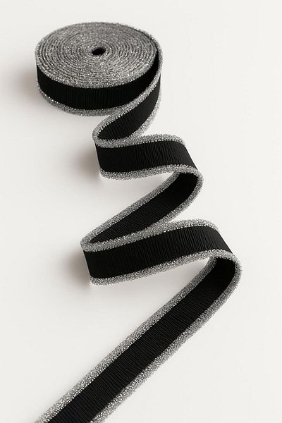ŞENEL DAR DOKUMA 3cm Silver Glitter Fringed Black Ribbon - Ribbon