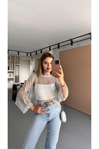 Sezgi Tekin White Oversize Glitter Mesh Blouse