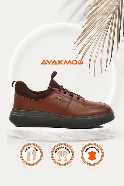 AYAKMOD Esse 6439 Кафяви ортопедични мъжки ежедневни обувки от естествена кожа