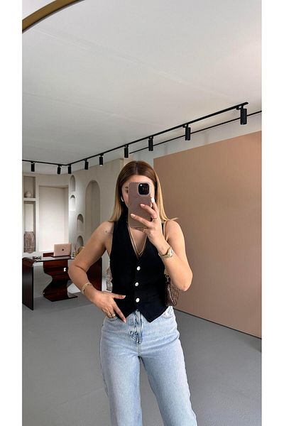 Sezgi Tekin Black Denim Vest - Waist Belt Details