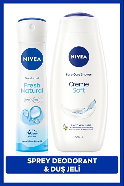 NIVEA Kadın Sprey Deodorant Fresh Natural 150ml Ve Creme Soft Nemlendirici Duş Jeli 500ml, E Vitamini
