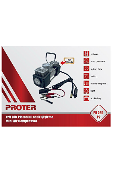 Proter PR 265 P2 Kit Lastik Şişirme Çift Pistonlu Mini Kompresör Kumaş Çantalı