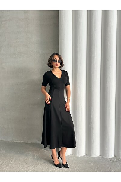 BEJNA Women's Black V-Neck A-Line Long Soft Dress