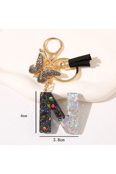 Choice14 N Men and women Resin Letter Keychain with Black Butterfly and Tasse...