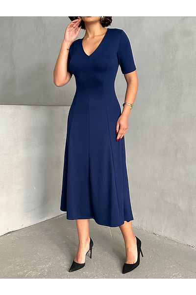 BEJNA Marineblaues, langes, weiches Damenkleid mit V-Ausschnitt und A-Linie
