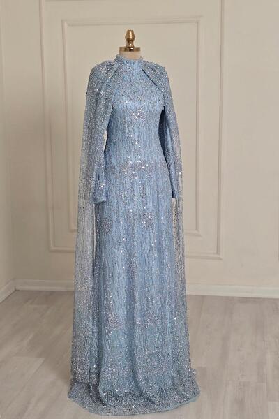 Yonca Moda Evi BEBE MAVİSİ Pelerinli İşli Abiye 9037