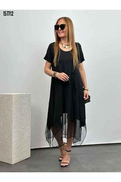 JANES Women's Short Sleeve Round Tulle Asymmetric Detail Viscose Dress