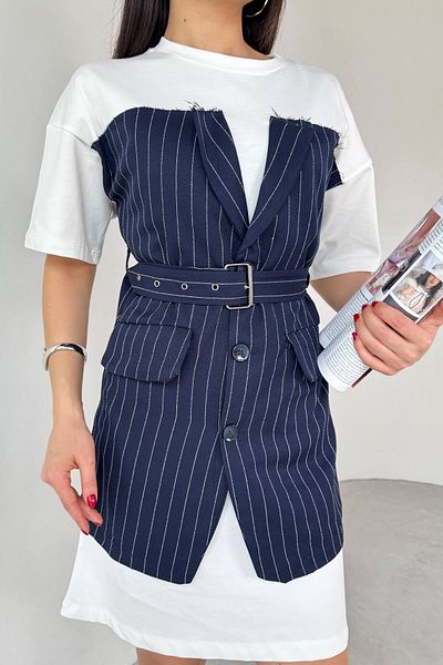 Cappmoda ELB-01770 Μπλε ναυτικό ριγέ λευκό μπλουζάκι Λεπτομερές σχέδιο φόρεμα με ζώνη
