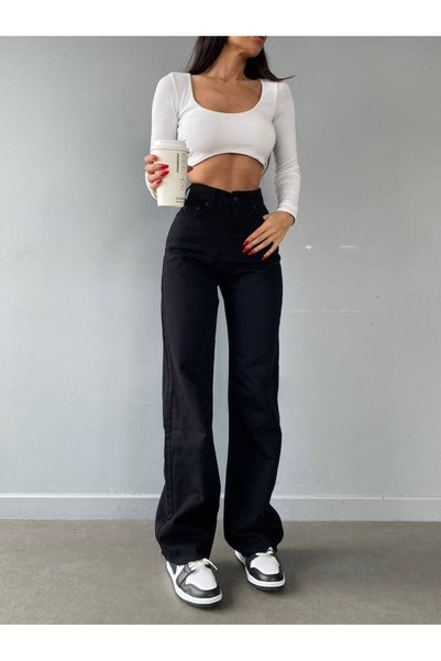 QİSSO Black Pizzo Wide Leg Women's Pants Clothing
