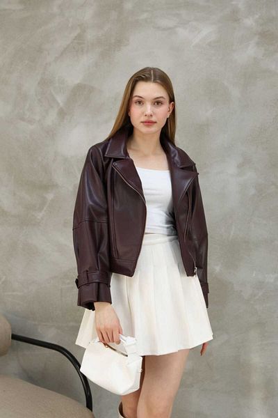 stcococix since 1990 Women's Clothing New Year Oversize Balloon Sleeve Burgundy Leather Jacket