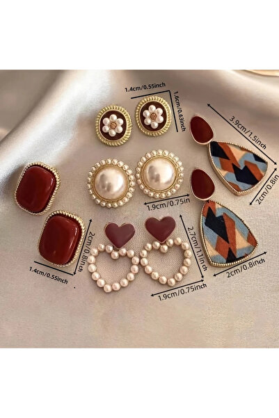 Takıtolia Velvet 5 Çift İnci Taşlı Kalp Figürlü Sallantılı Tasarım Vintage Ço...