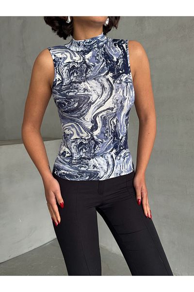 Look Forward Bluză de damă, albastru bleumarin, crem, cu guler în picioare, cu mâneci zero, din viscoză