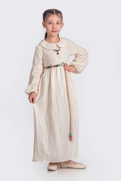vestitino Ecru Muslin Fabric Baby Collar Girl's Long Sleeve Dress 1679