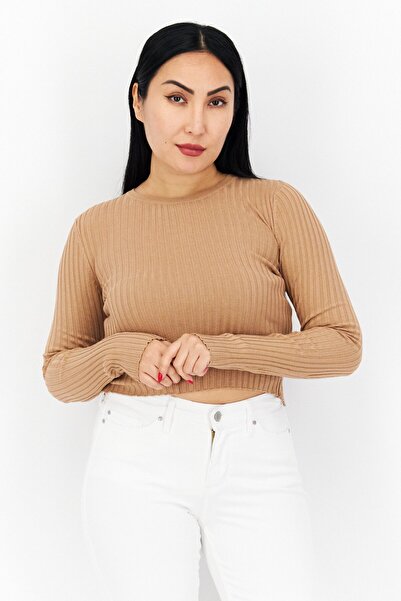 Brave Soul Women Round Neck Long Sleeve Ribbed Back Tie Blouse, Beige