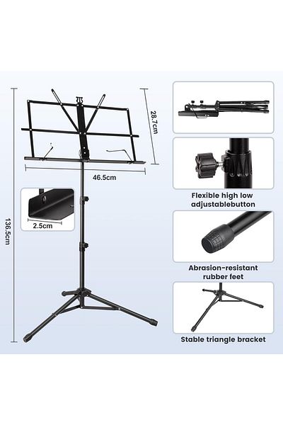 COOYA Music stand, portable, liftable and foldable, with tripod base and music folder