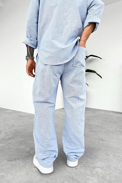 HAFKAGİYİM Μπλε Premium Λινό Basic φαρδύ παντελόνι