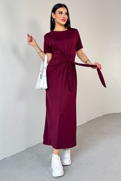 Cappmoda ELB-01771 Μπορντό κοντομάνικο μακρύ φόρεμα με κορδόνι