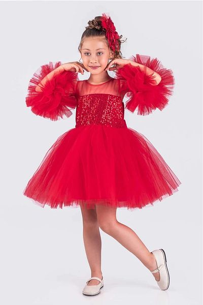 vestitino Girl's Evening Dress with Pompom Sleeves and Sequined Tutu