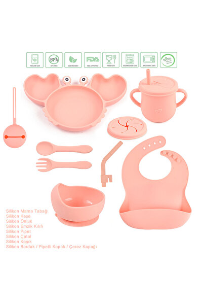 jojobebek Silikon Beslenme Seti, Mama Tabağı Ve Kase, Emzik Kılıfı, Pipet, Önlük, Çatal-kaşık, Bardak /pembe