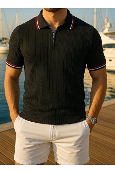 town walker Erkek Polo Yaka Fermuarlı Merserize Pamuklu Triko -tshirt