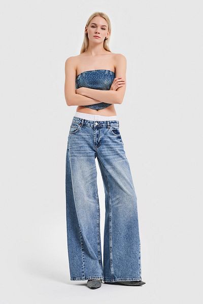 its basic Denim de damă Palazzo Fit cu boxer de culoare denim
