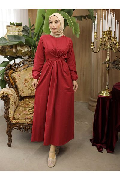 SAHRA BUTİK Claret Red Cross Tie Πλεκτό Φόρεμα - SAHRA BUTIK