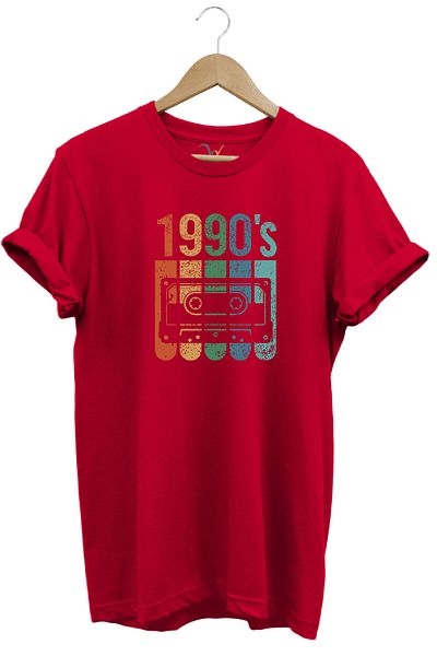 WİDİ Vintage Retro 1990's Printed Cassette 100% Cotton Regular Fit Crew Neck Red T-Shirt