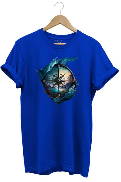 WİDİ Tricou albastru cu imprimeu peisaj colorat și busolă 100% bumbac