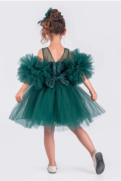 vestitino Girl's Evening Dress with Pompom Sleeves and Sequined Tutu