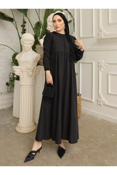SAHRA BUTİK Önü Düğmeli Kolları Lastikli Trikoton Elbise - Siyah - SAHRA BUTİK