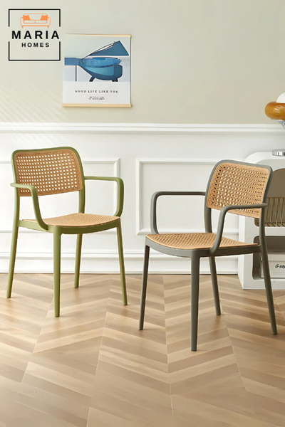 MARIA HOMES Modern Rattan-Style Plastic Armchair White Frame Dining or Accent Chair by Maria Homes